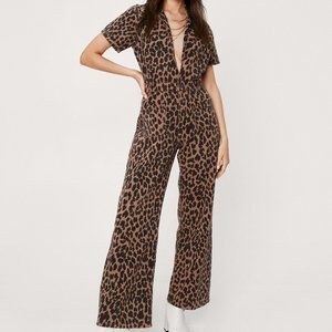 Nasty Gal - Denim Leopard V Neck Jumpsuit (Brown) Size: 14